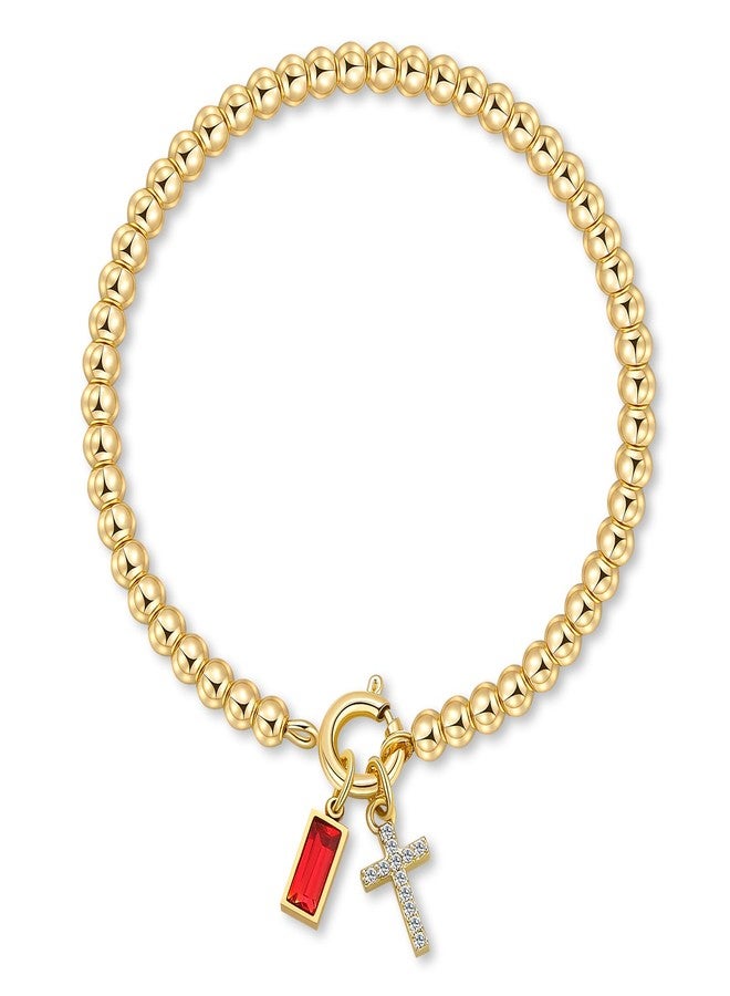Korotho 14K Gold Plated July Birthstone Bracelet for Women Teens, Dainty July Ruby Red Birthstone Bead Bracelet Stretch Gold Cross Beaded Bracelets Jewelry Christmas Birthday Gifts for Her (7) - Image 1